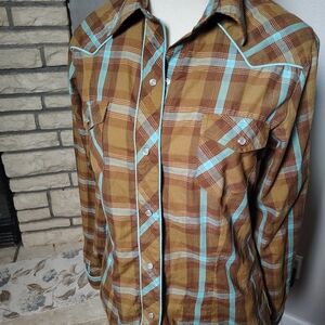 Roper Women's Tan and Blue Plaid Shirt Pearl Snap Medium